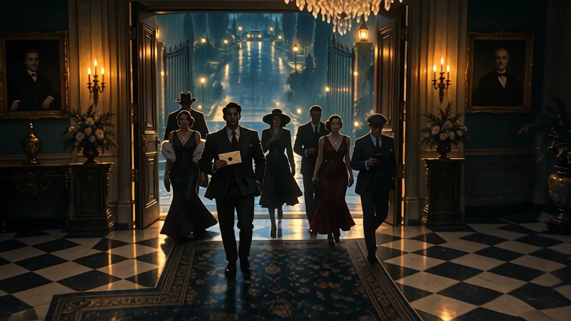 Guests in costume around a candlelit dinner table, one pointing an accusing finger
