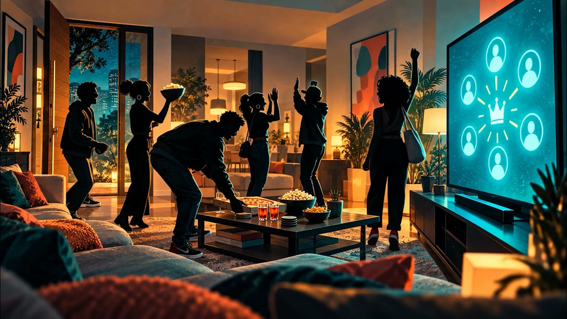 Friends around a living-room TV gameboard, one mid-buzz with their phone